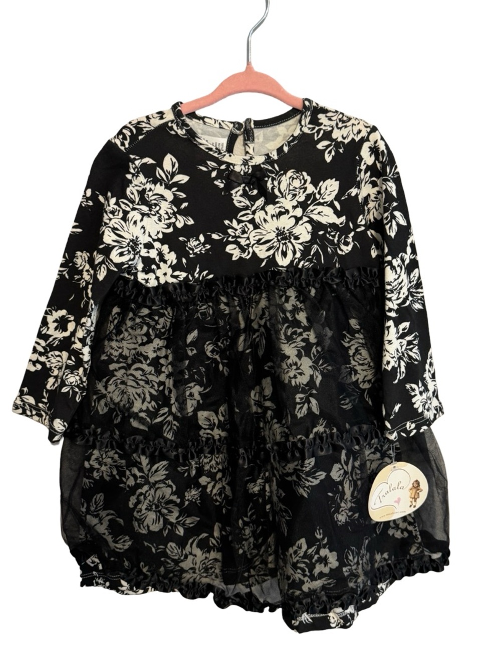 NWT Tralala Black & White Damask Tulle Tutu Dress Toddler Size 18M Long Sleeve